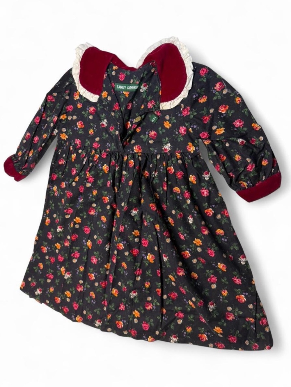 Vintage Children's Black Floral Dress with Burgundy Collar